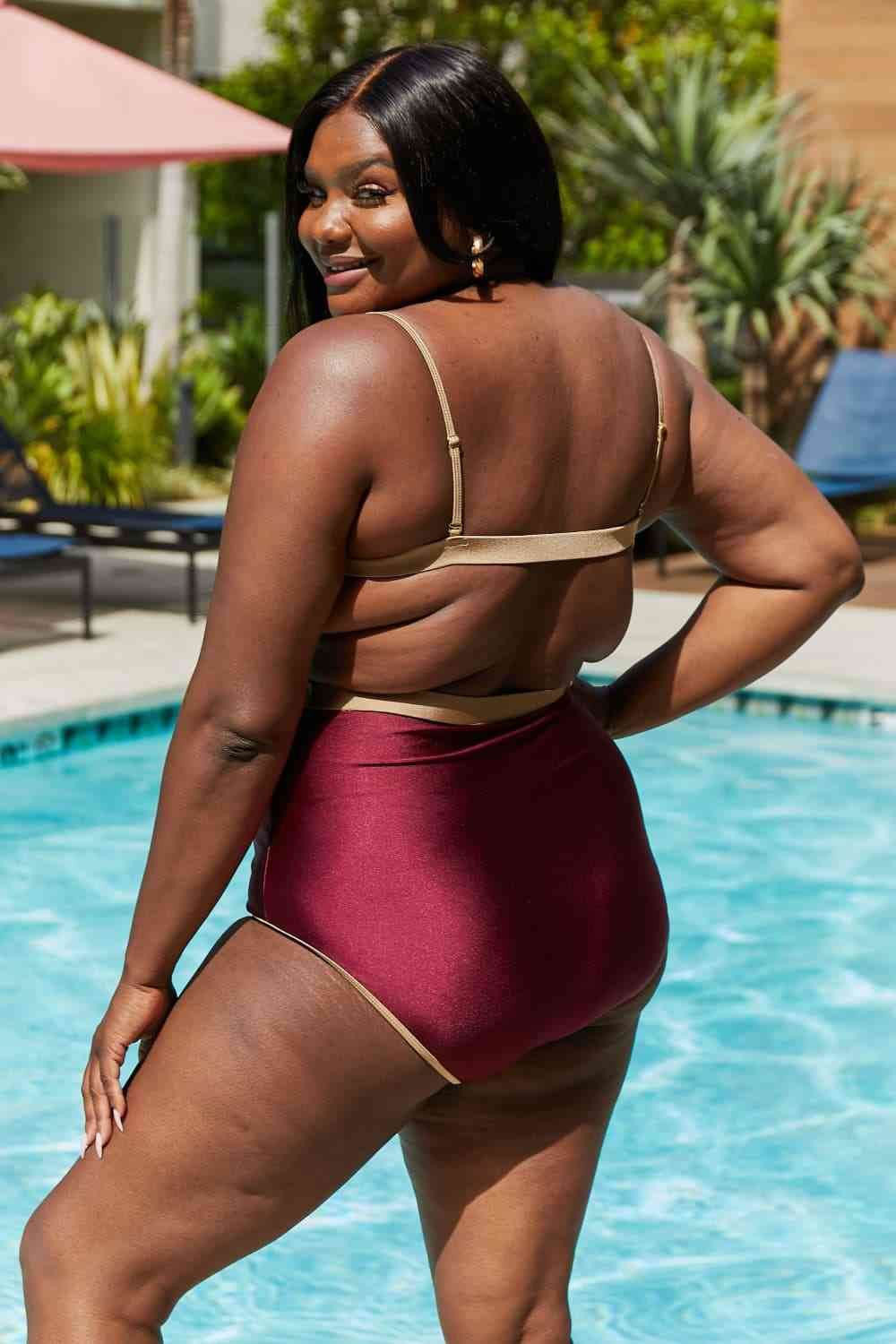 Marina West Swim Wave Break Contrast Trim One-Piece in Wine - DaTrendStore.Com