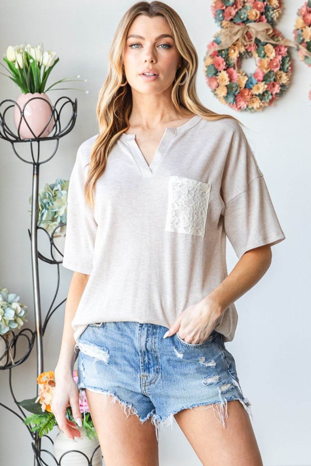Heimish Full Size Lace Front Pocket Drop Shoulder Top - DaTrendStore.Com