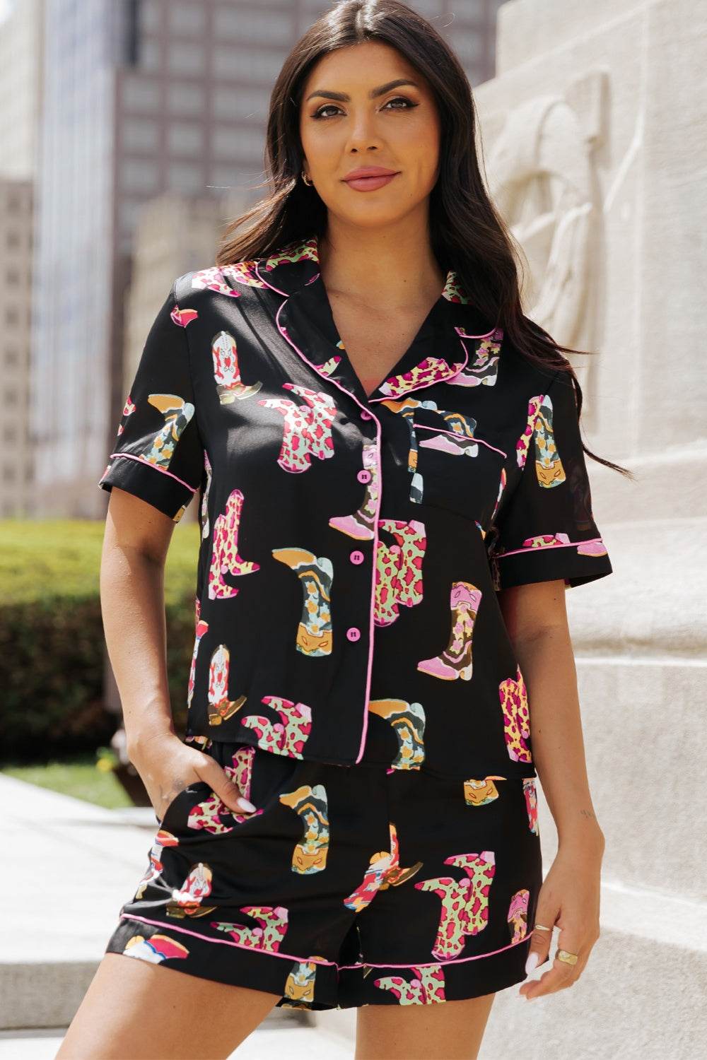 Printed Button Up Short Sleeve Top and Shorts Lounge Set - DaTrendStore.Com