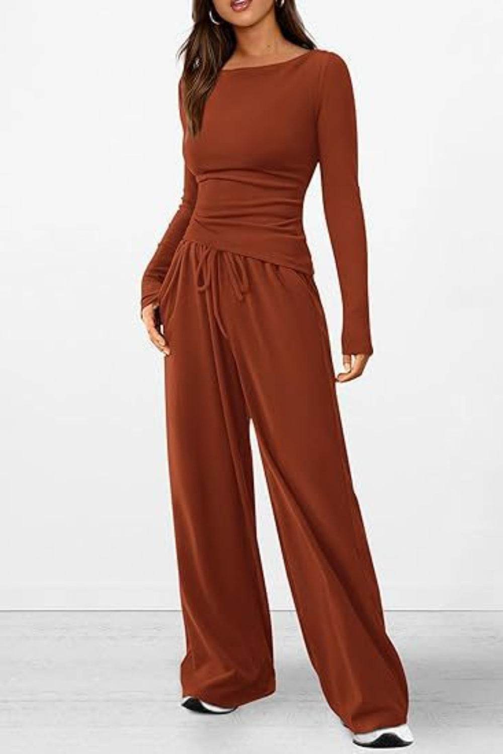 Round Neck Long Sleeve Top and Pants Set - DaTrendStore.Com