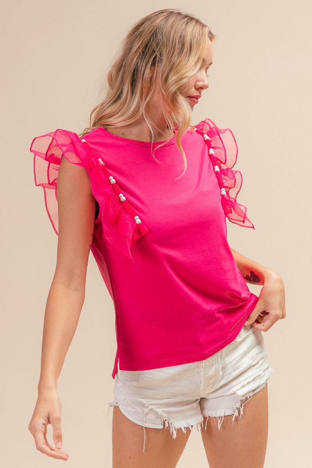 BiBi Pearl Decor Mesh Ruffle Sleeve Top - DaTrendStore.Com