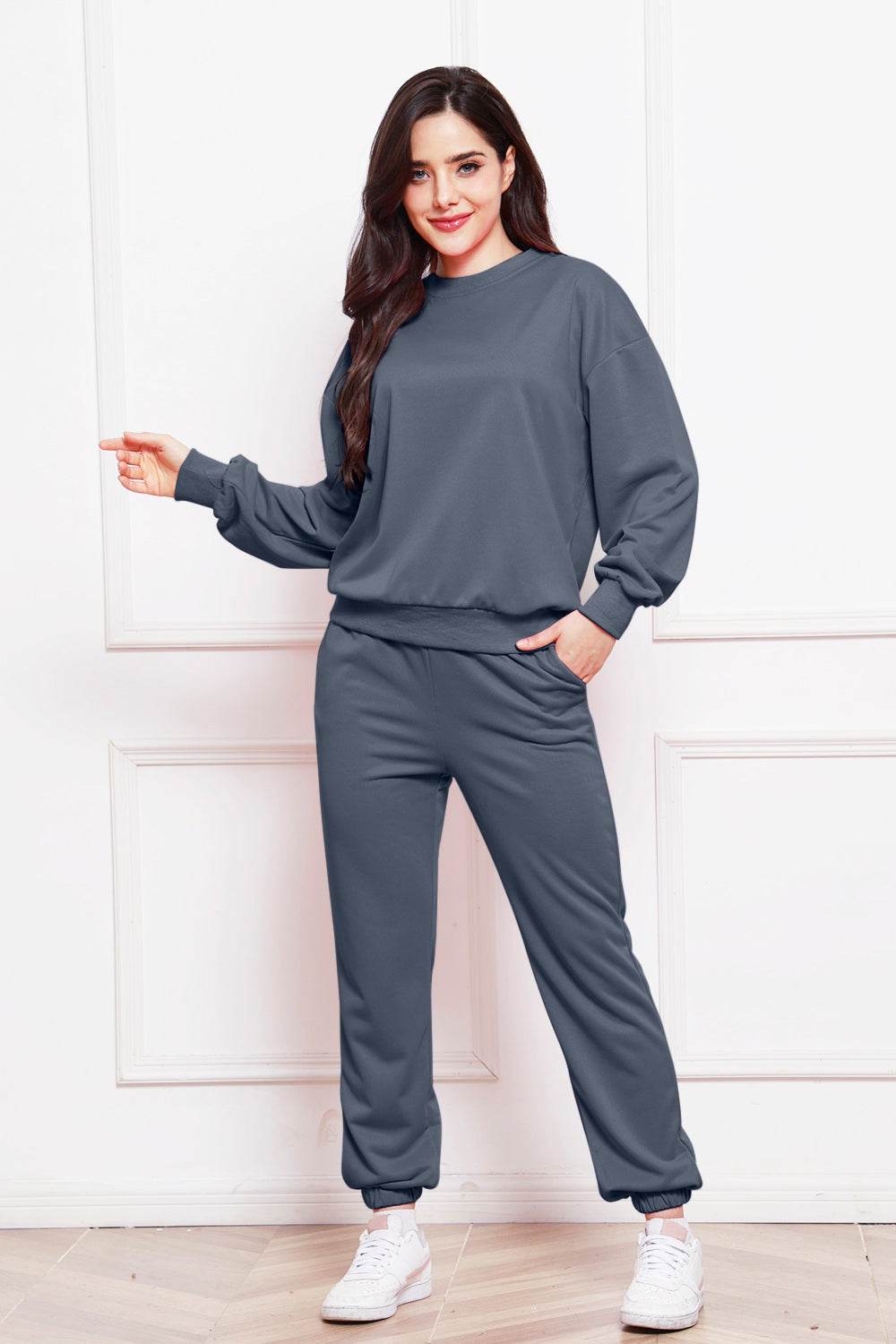 Round Neck Long Sleeve Sweatshirt and Pants Set - DaTrendStore.Com