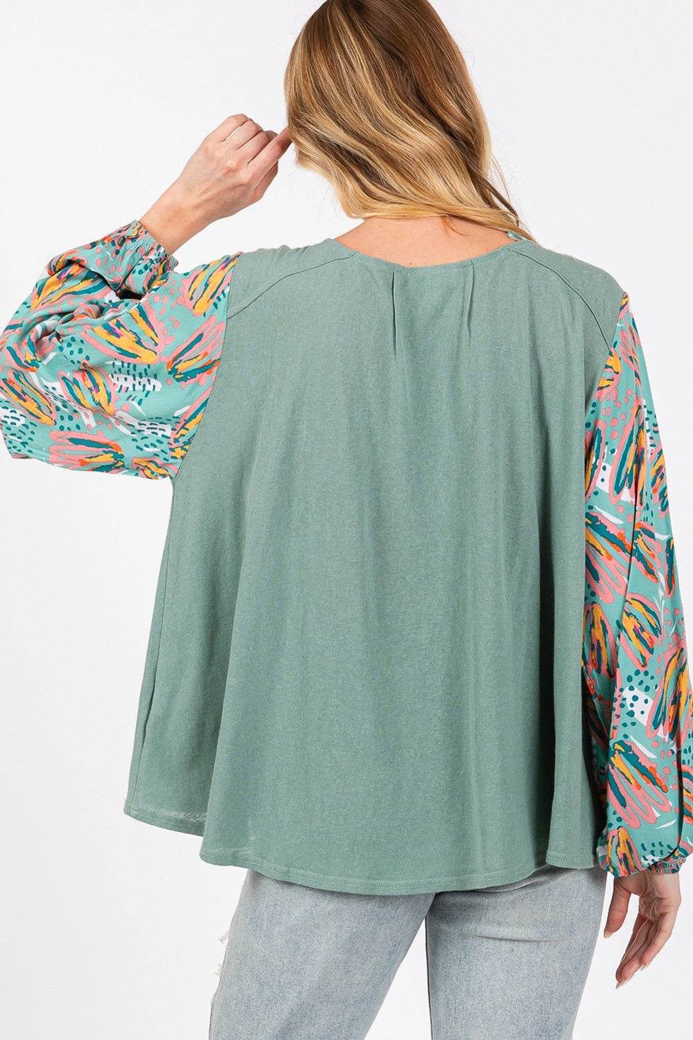 SAGE + FIG Ruched Round Neck Printed Bubble Sleeve Top - DaTrendStore.Com