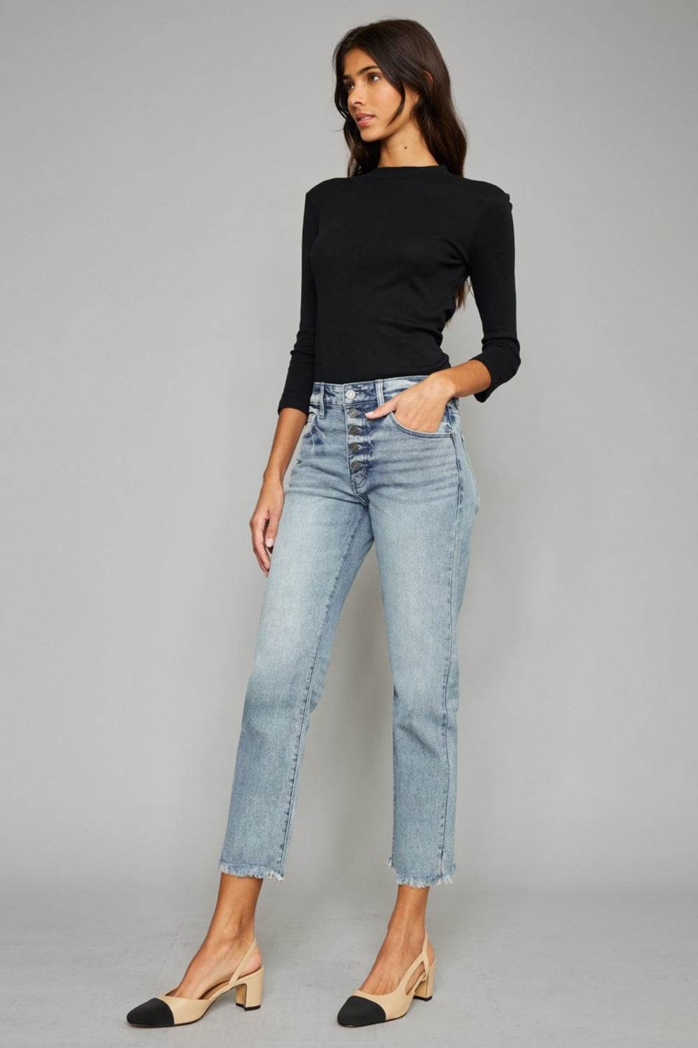 Kancan High Waist Button Fly Raw Hem Cropped Straight Jeans - DaTrendStore.Com