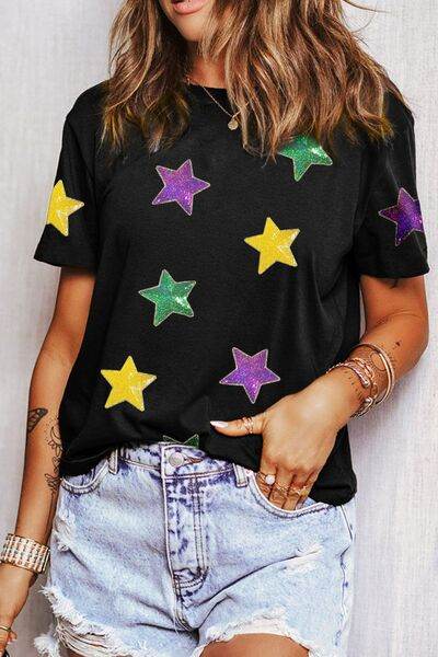 Sequin Stars Patched Round Neck T-Shirt - DaTrendStore.Com