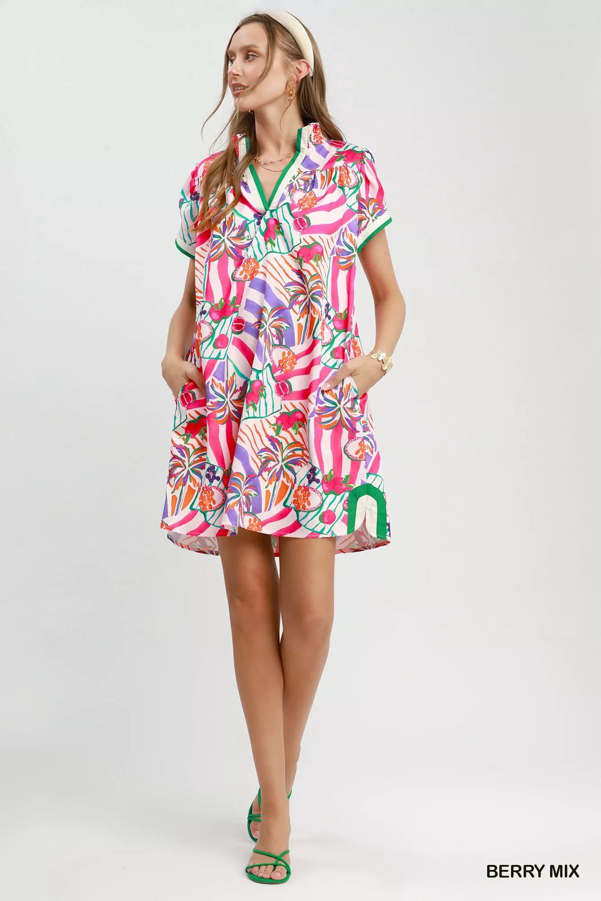 Umgee Tropical Print Collared Shift Dress - Berry Mix