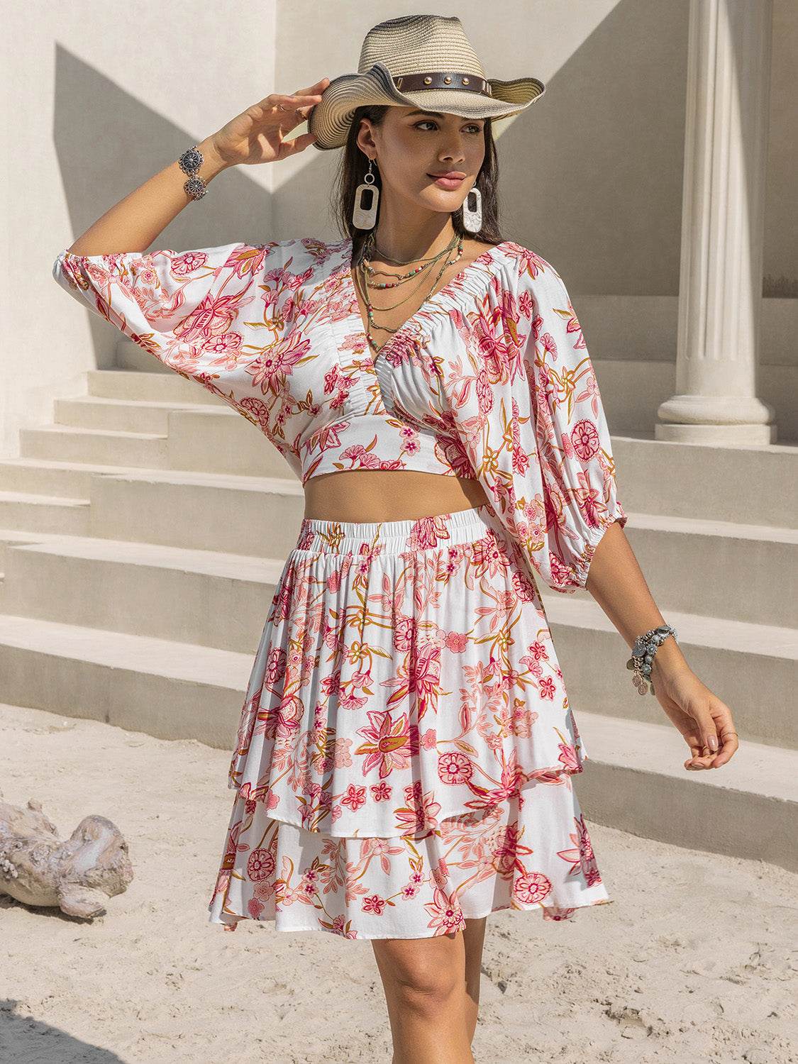 Printed Half Sleeve Top and Layered Skirt Set - DaTrendStore.Com