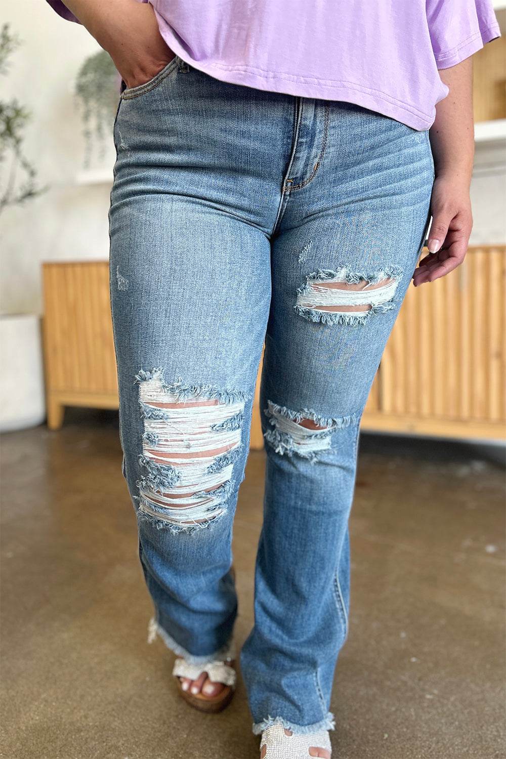 Judy Blue Full Size Distressed Raw Hem Bootcut Jeans - DaTrendStore.Com