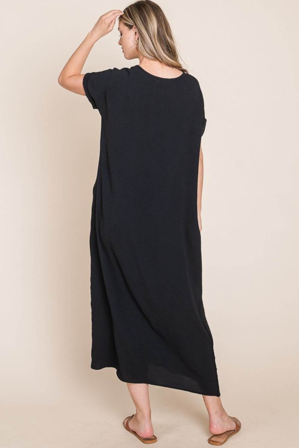 BOMBOM Round Neck Short Sleeve Midi Dress with Pockets - DaTrendStore.Com