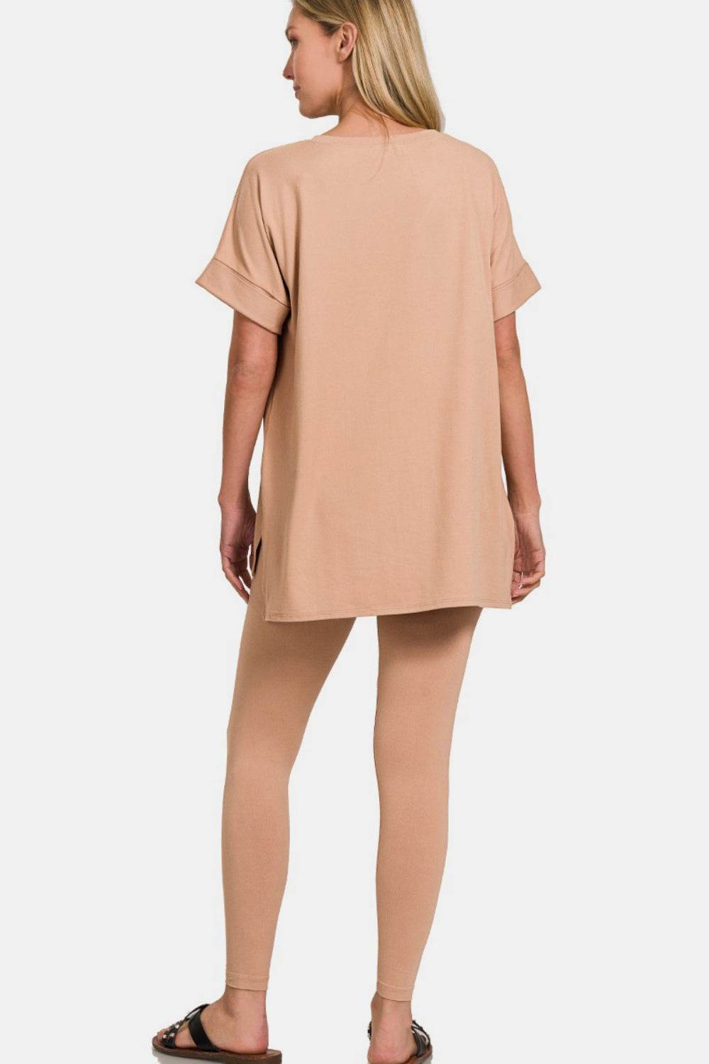 Zenana Full Size V-Neck Rolled Short Sleeve T-Shirt and Leggings Lounge Set - DaTrendStore.Com