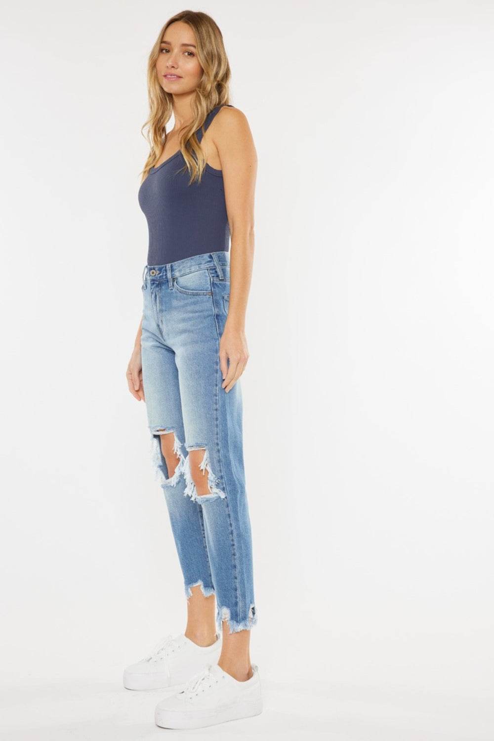 Kancan High Waist Chewed Up Straight Mom Jeans - DaTrendStore.Com