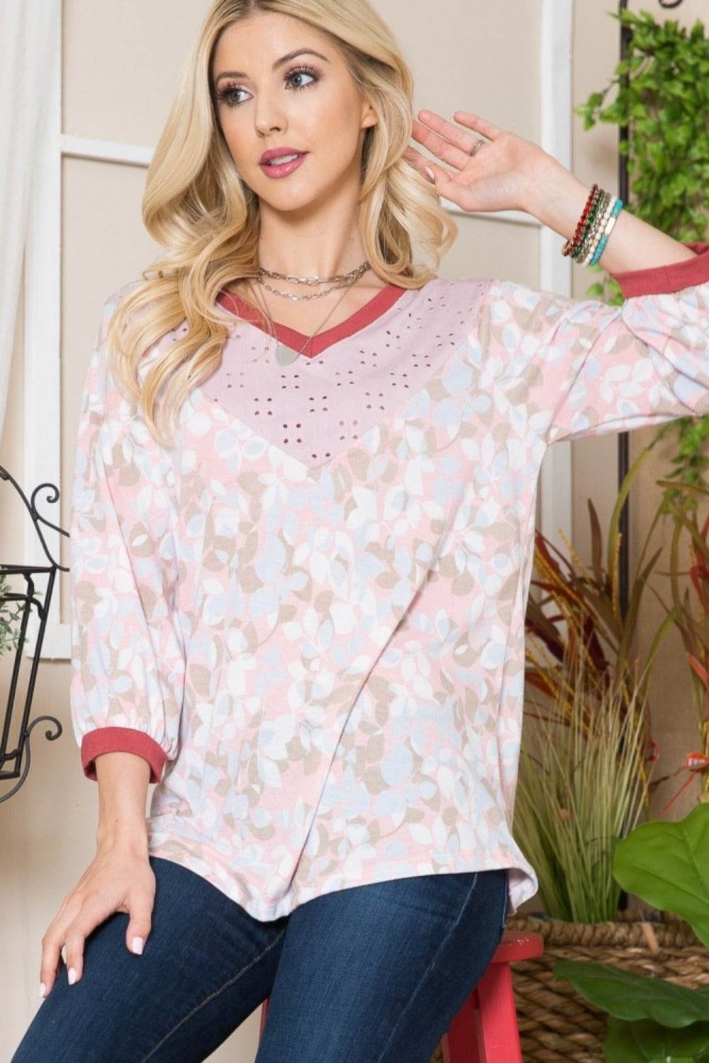 Celeste Full Size Leaf Print Contrast Trim Balloon Sleeve Top - DaTrendStore.Com