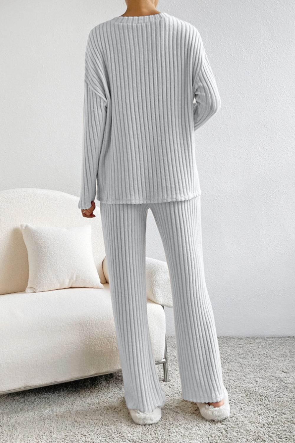 Ribbed V-Neck Top and Pants Set - DaTrendStore.Com