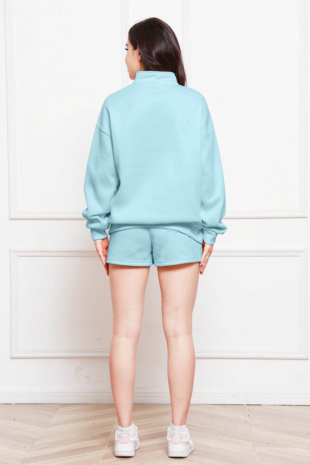 Half Zip Long Sleeve Sweatshirt and Drawstring Shorts Set - DaTrendStore.Com