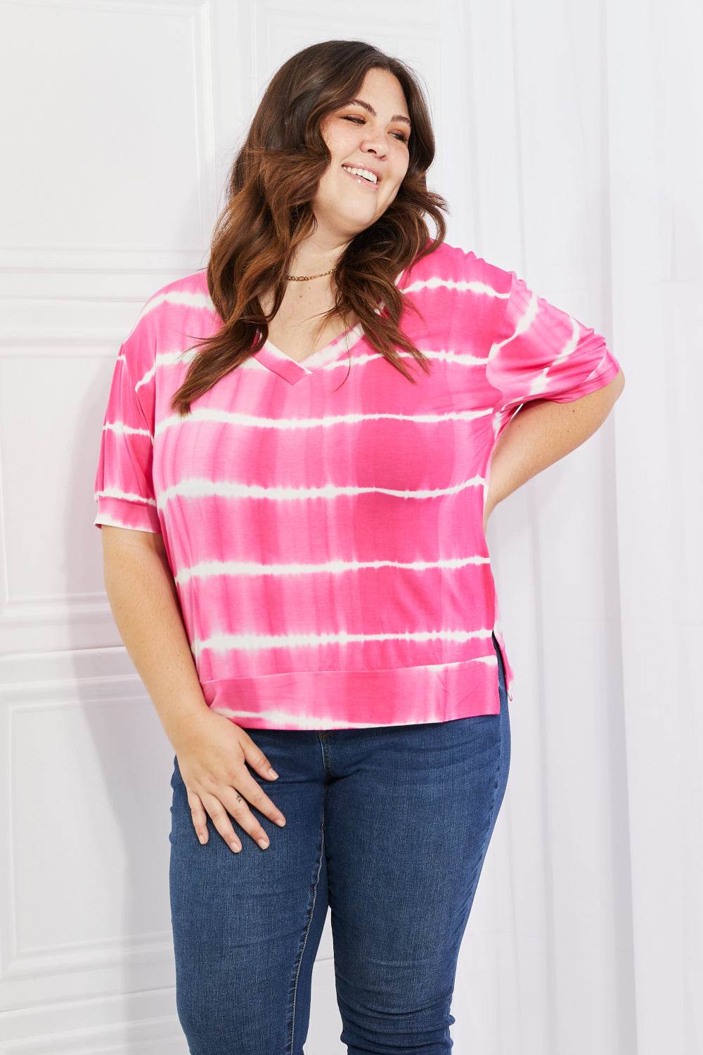 Yelete Full Size Oversized Fit V-Neck Striped Top - DaTrendStore.Com