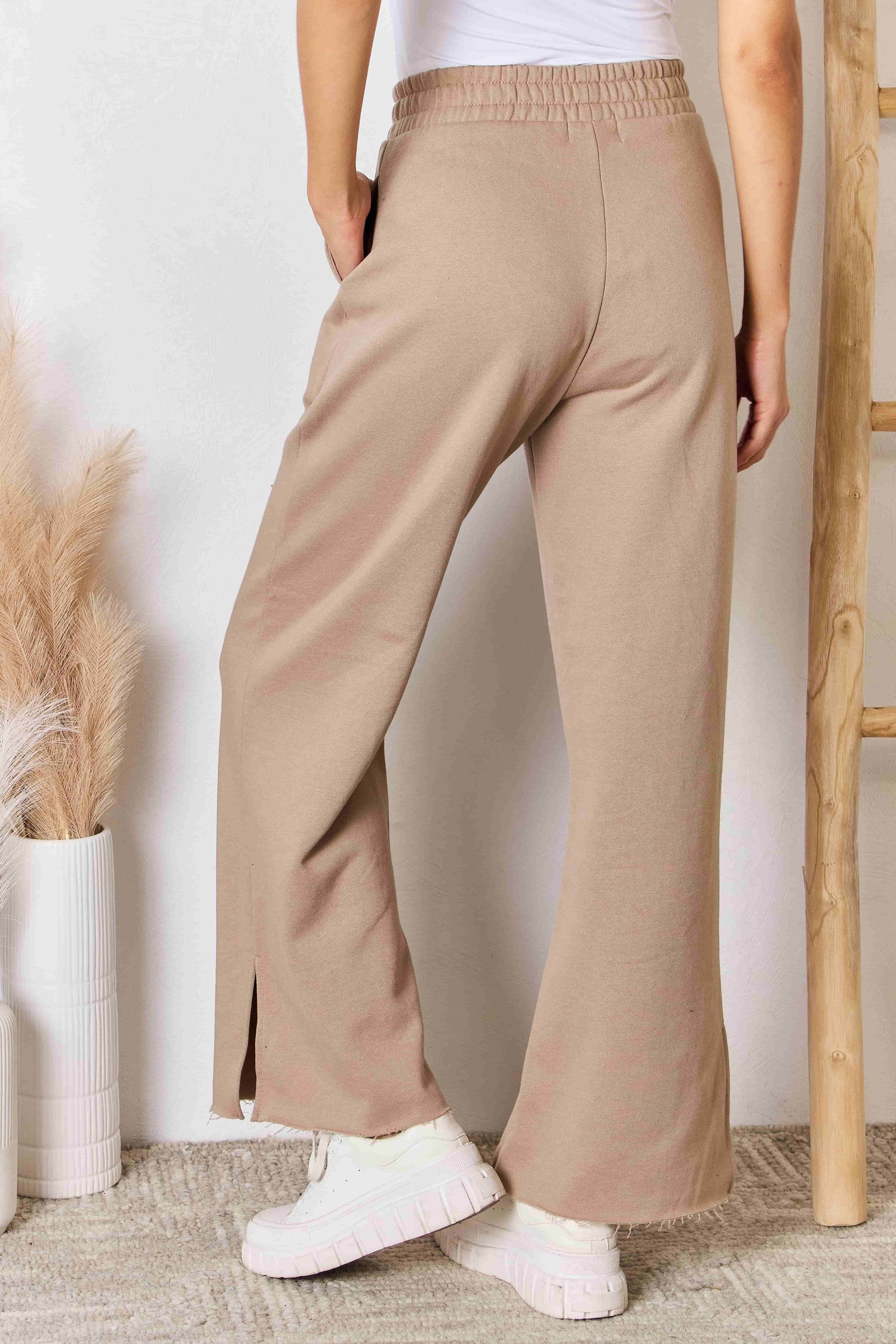 RISEN Wide Waistband Slit Wide Leg Pants - DaTrendStore.Com