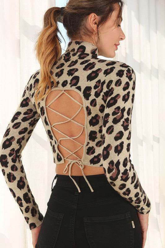 Mock neck lace-up open back top - DaTrendStore.Com