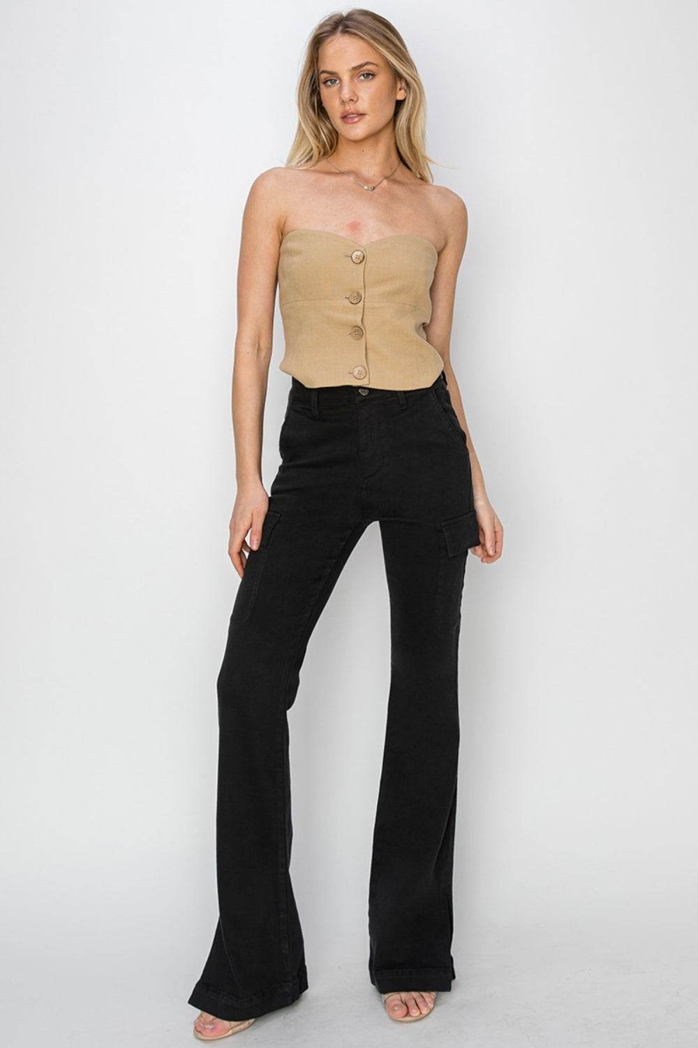 RISEN Full Size High Rise Side Slit Cargo Bootcut Jeans - DaTrendStore.Com