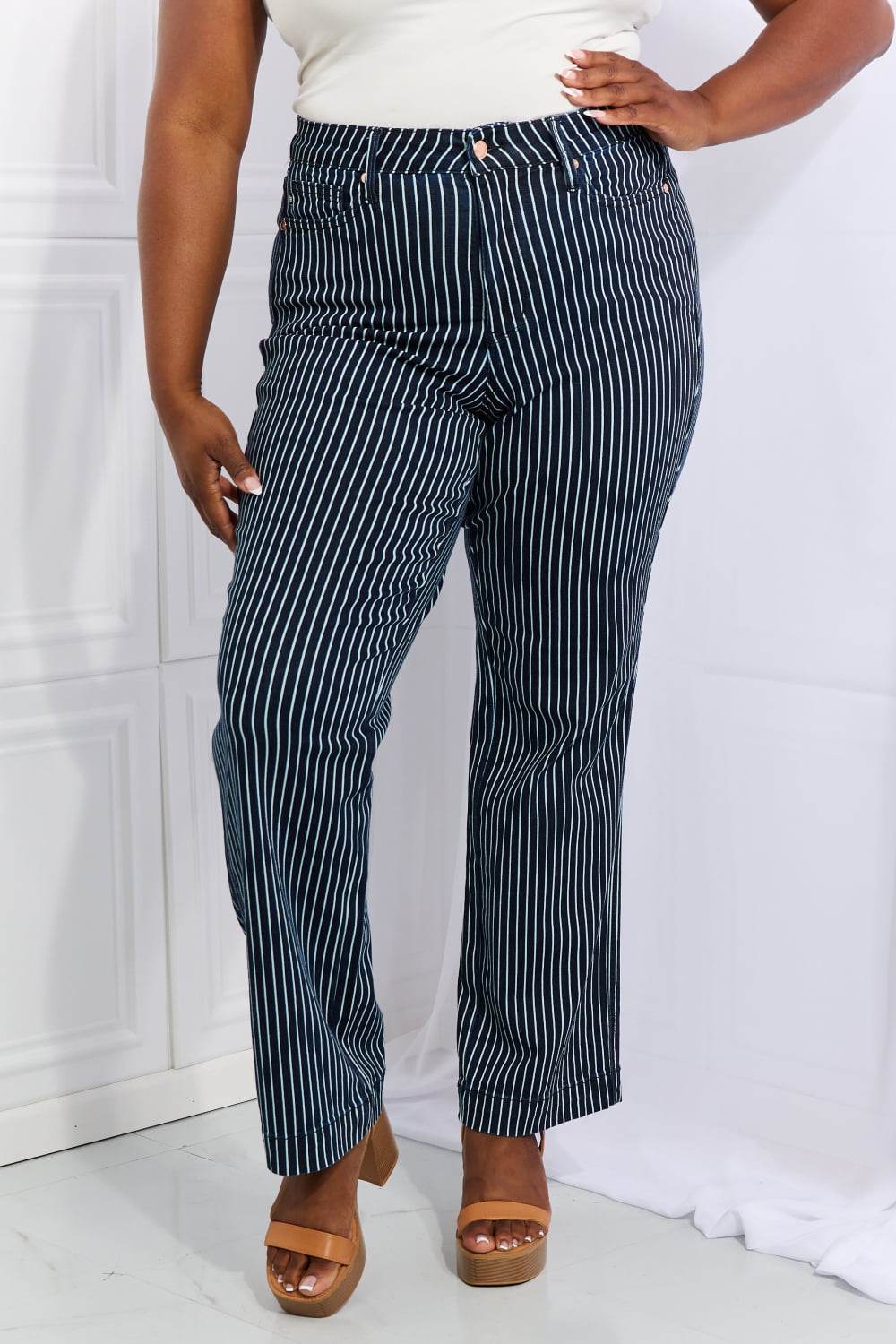 Judy Blue Cassidy Full Size High Waisted Tummy Control Striped Straight Jeans - DaTrendStore.Com