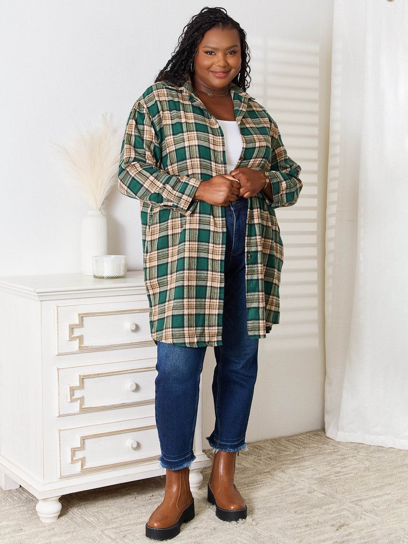 Mandy Plaid Collared Neck Long Sleeve Shirt - DaTrendStore.Com