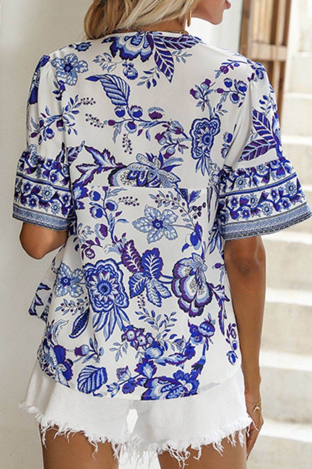 Perfee Printed Buttoned Flounce Sleeve Blouse - DaTrendStore.Com