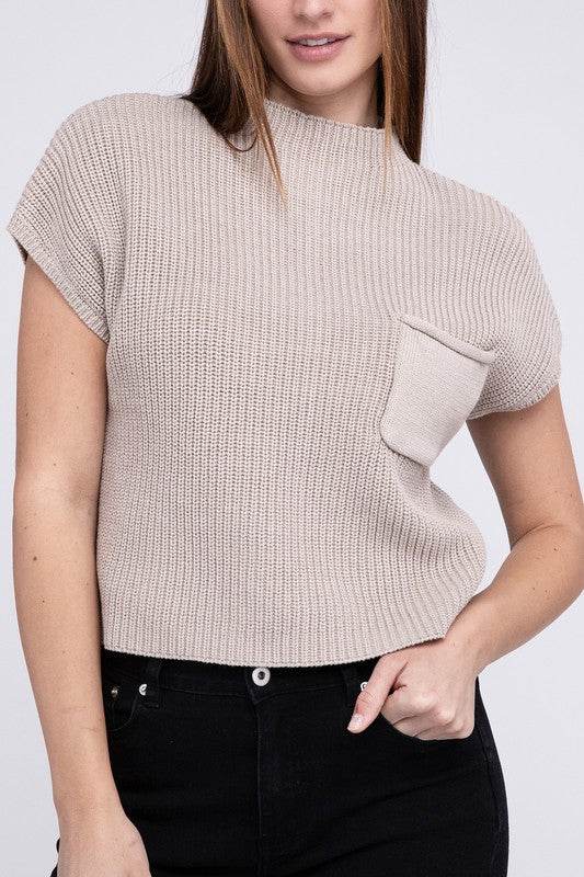 Mock Neck Short Sleeve Cropped Sweater - DaTrendStore.Com