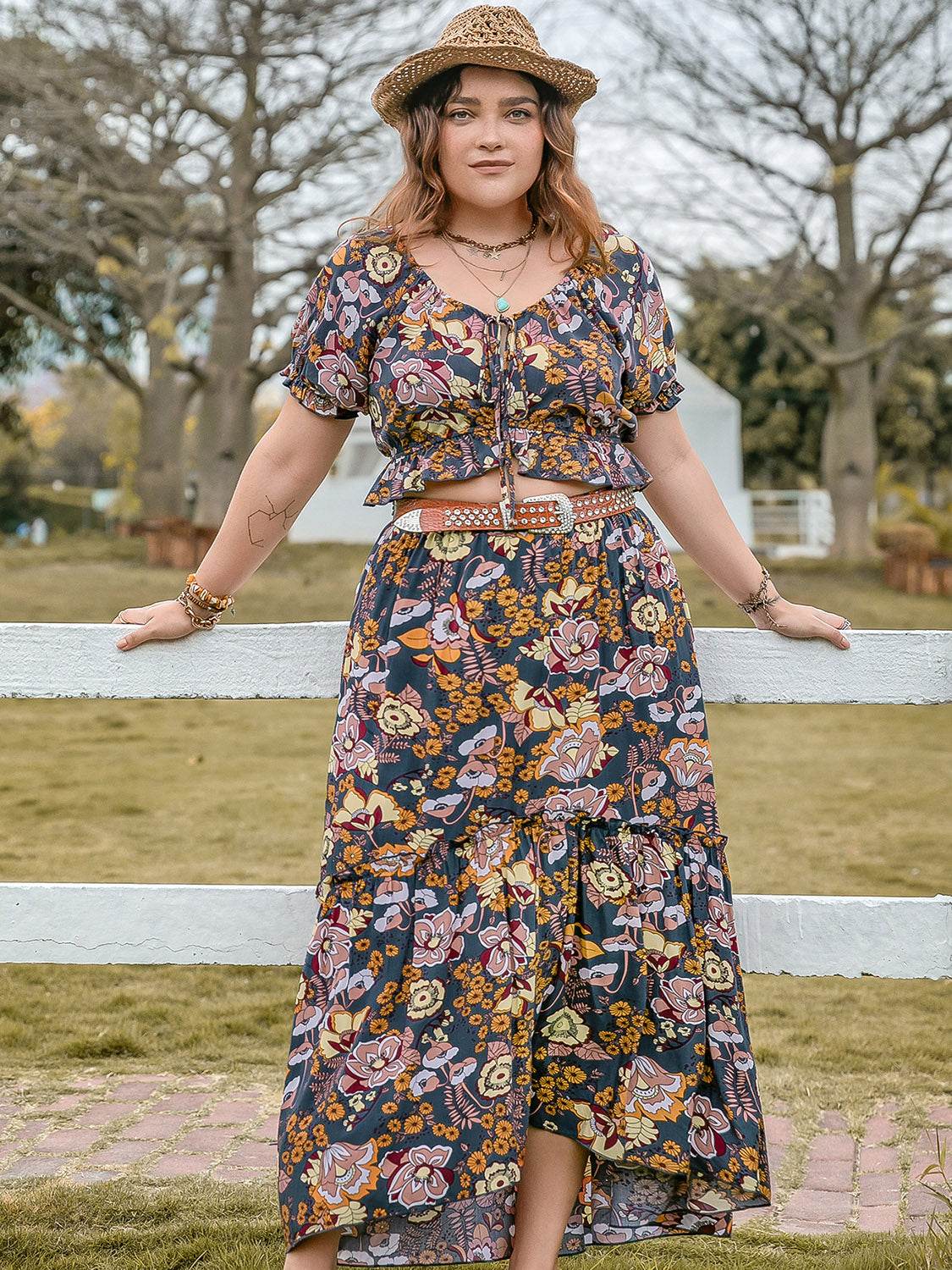 Plus Size Tie Neck Short Sleeve Top and Skirt Set - DaTrendStore.Com