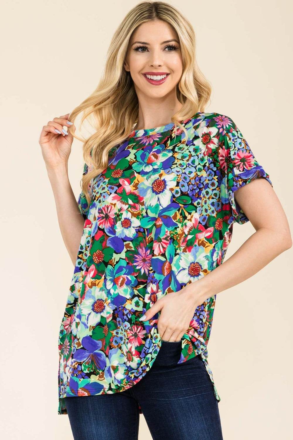 Celeste Full Size Round Neck Short Sleeve Floral T-Shirt - DaTrendStore.Com