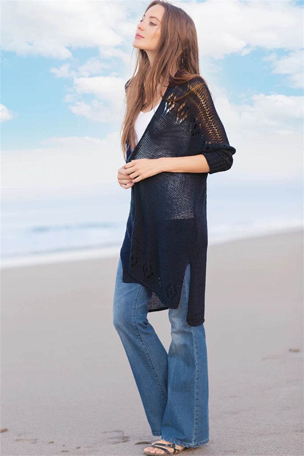 Openwork Side Slit Open Front Long Sleeve Cardigan - DaTrendStore.Com