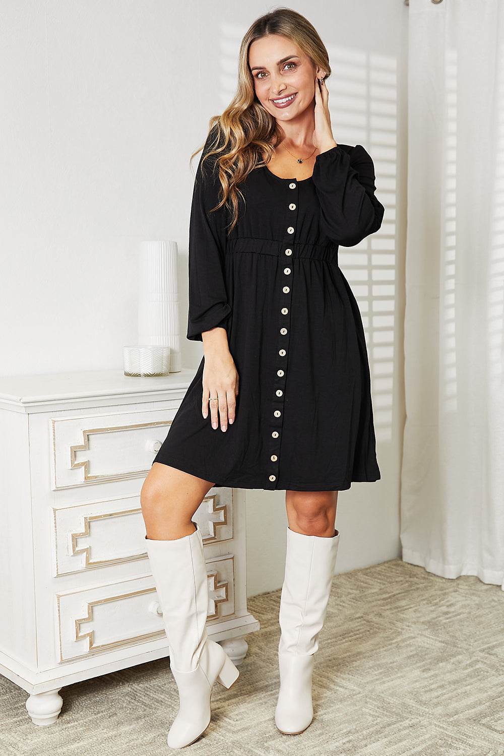 Double Take Scoop Neck Empire Waist Long Sleeve Magic Dress - DaTrendStore.Com