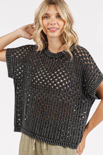 Mittoshop Mineral Wash Openwork Short Sleeve Knit Cover Up - DaTrendStore.Com