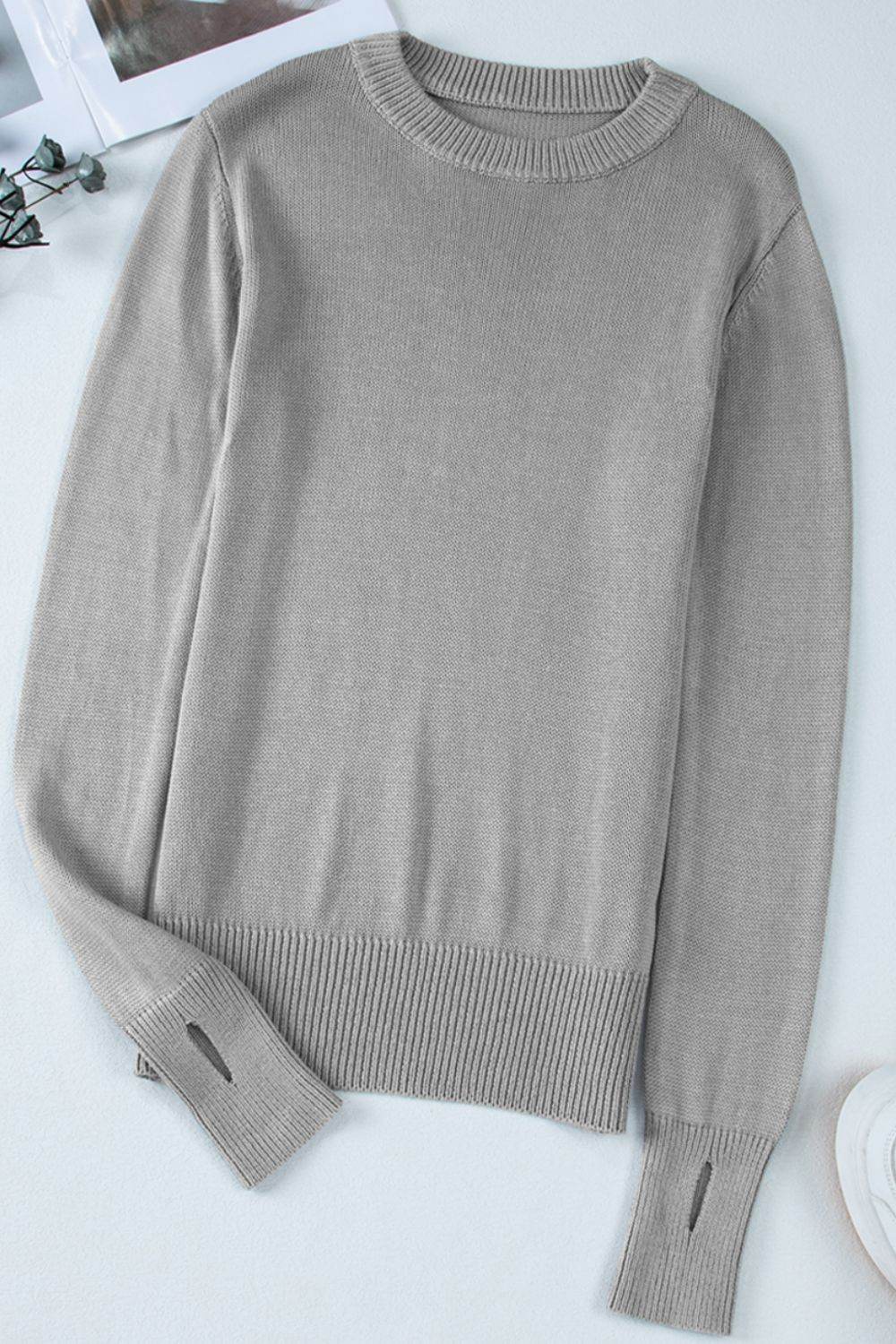 Ribbed Hem Round Neck Long Sleeve Sweater - DaTrendStore.Com