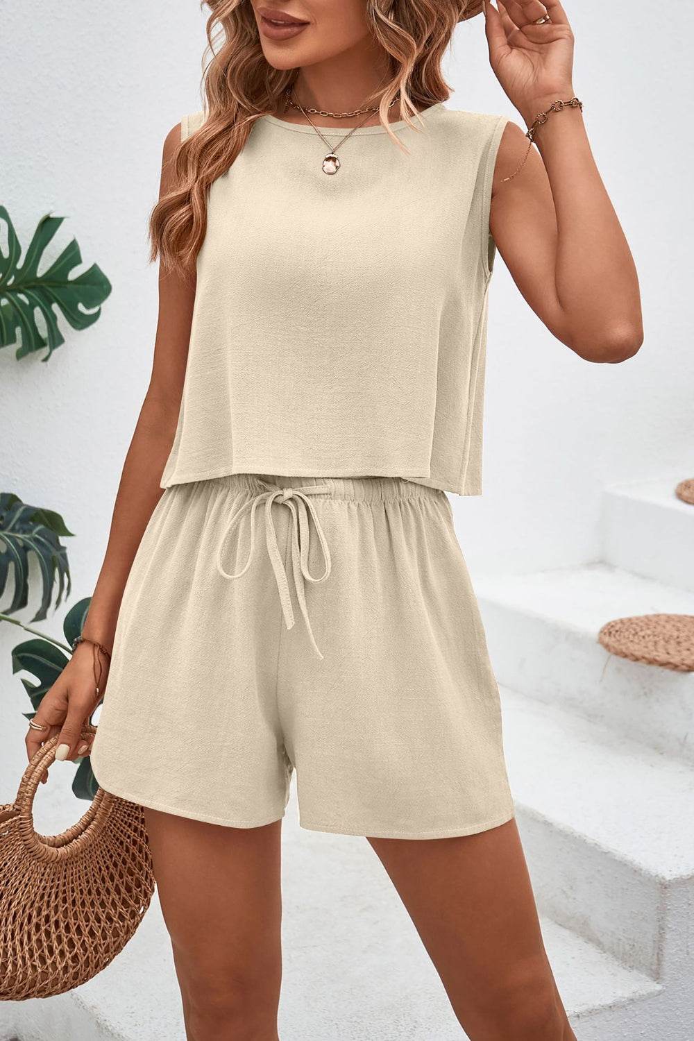 Round Neck Top and Drawstring Shorts Set - DaTrendStore.Com