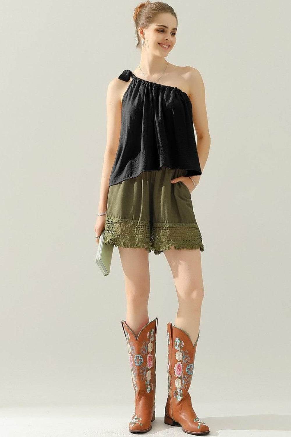 Ninexis One Shoulder Bow Tie Strap Satin Silk Top - DaTrendStore.Com