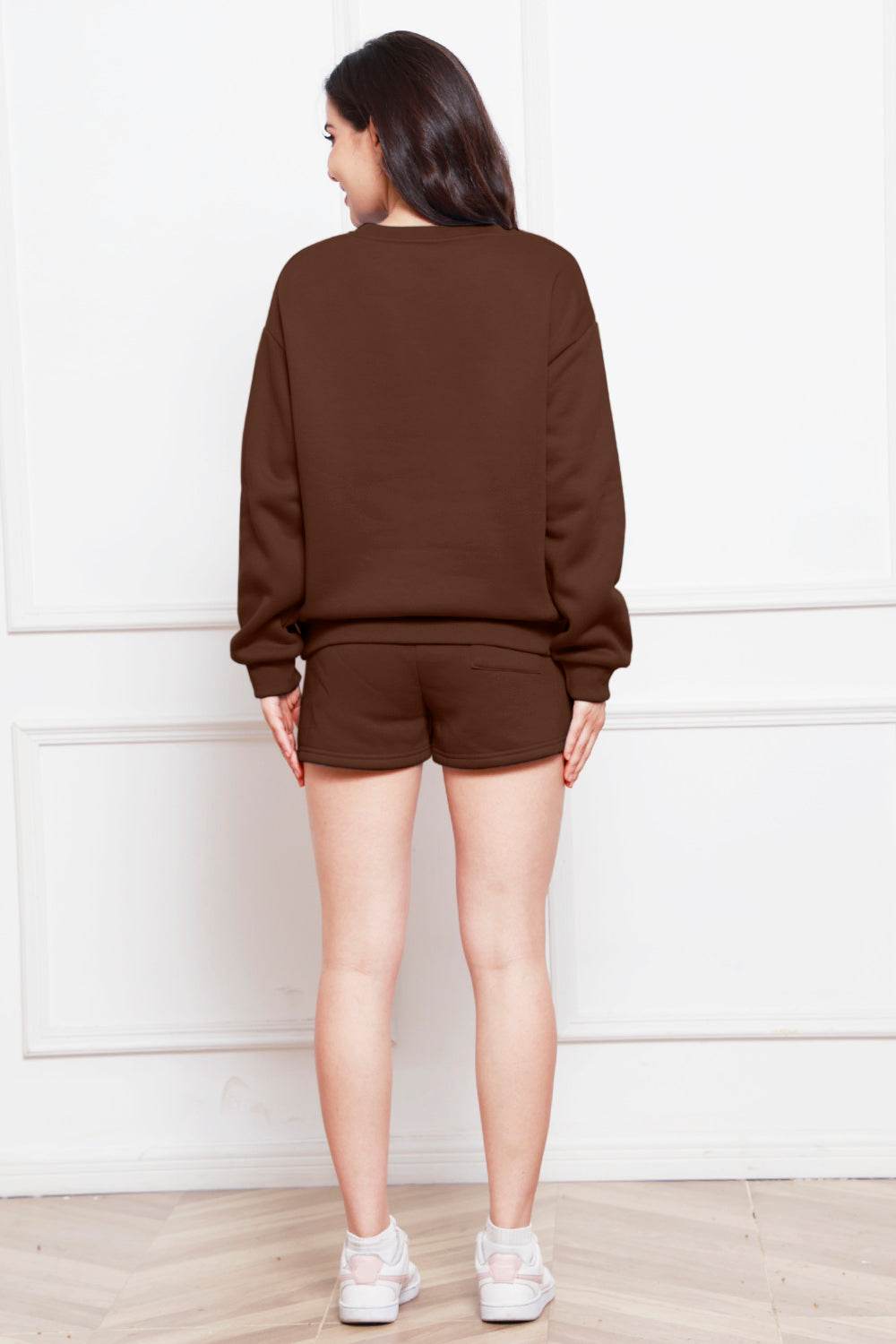 Round Neck Long Sleeve Sweatshirt and Drawstring Shorts Set - DaTrendStore.Com