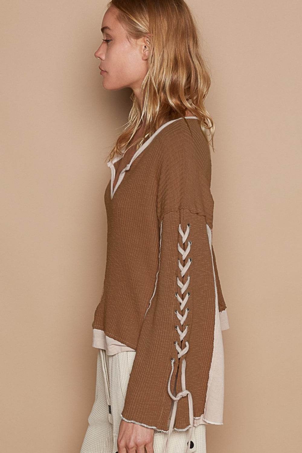 POL Lace-Up Sleeve Color Block Ribbed Knit Top - DaTrendStore.Com