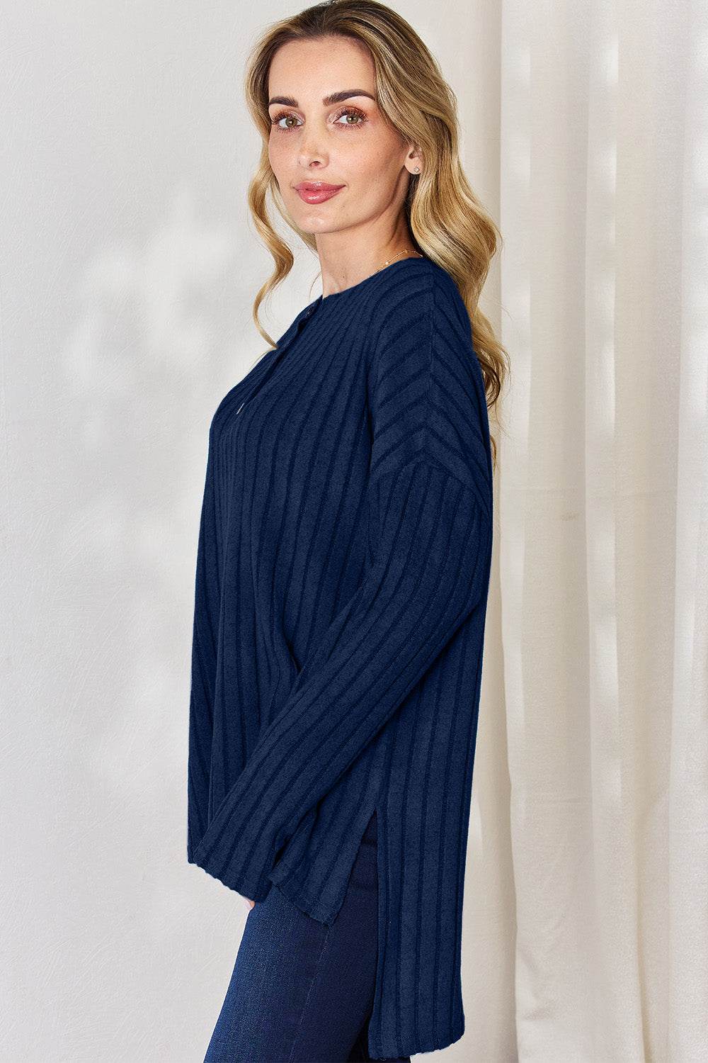 Basic Bae Full Size Ribbed Half Button Long Sleeve High-Low T-Shirt - DaTrendStore.Com