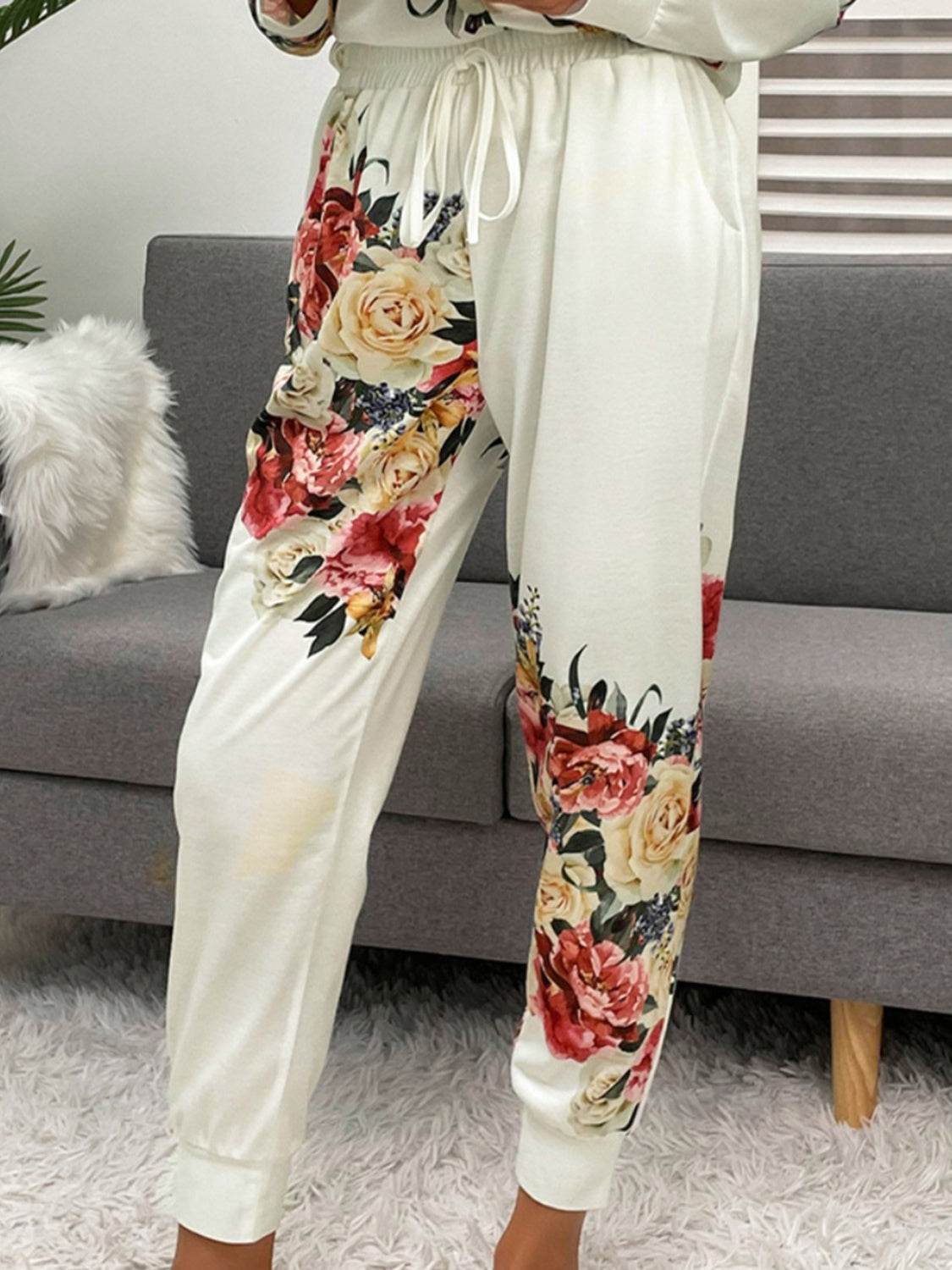 Shiny Printed Round Neck Top and Pants Lounge Set - DaTrendStore.Com
