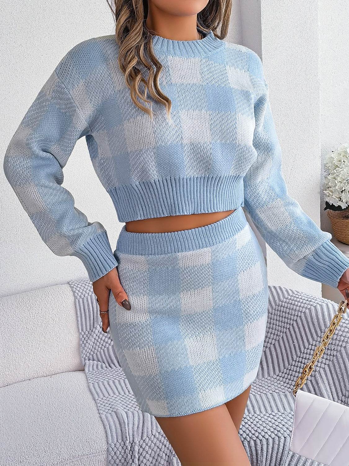 Plaid Round Neck Top and Skirt Sweater Set - DaTrendStore.Com