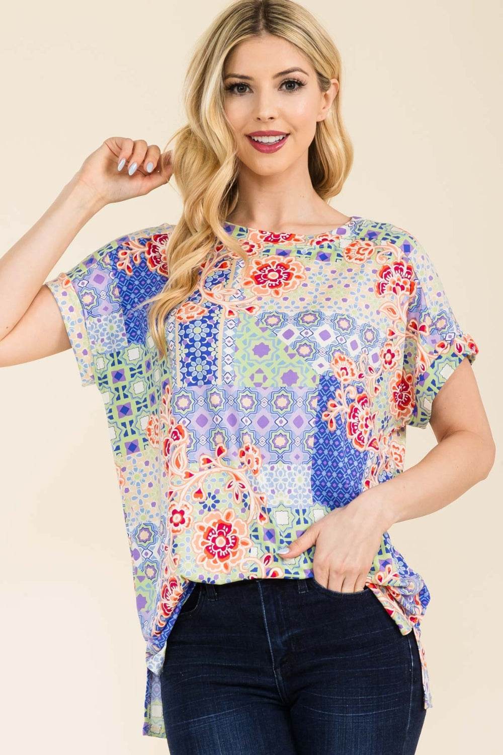 Celeste Full Size Round Neck Short Sleeve Floral T-Shirt - DaTrendStore.Com