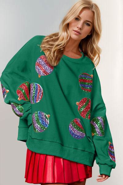 Double Take Christmas Element Sequin Round Neck Long Sleeve Sweatshirt - DaTrendStore.Com