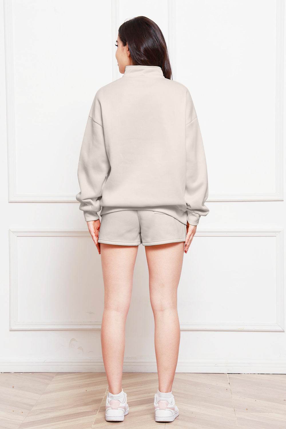 Half Zip Long Sleeve Sweatshirt and Drawstring Shorts Set - DaTrendStore.Com