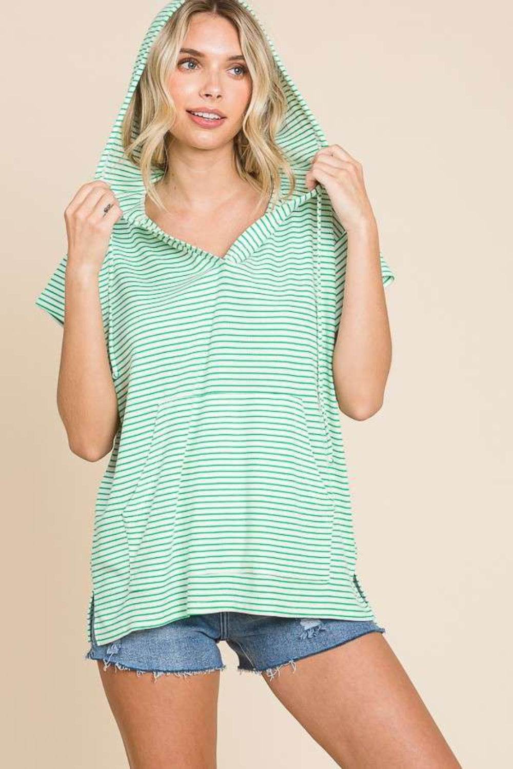 Culture Code Full Size Striped Short Sleeve Hooded Top - DaTrendStore.Com