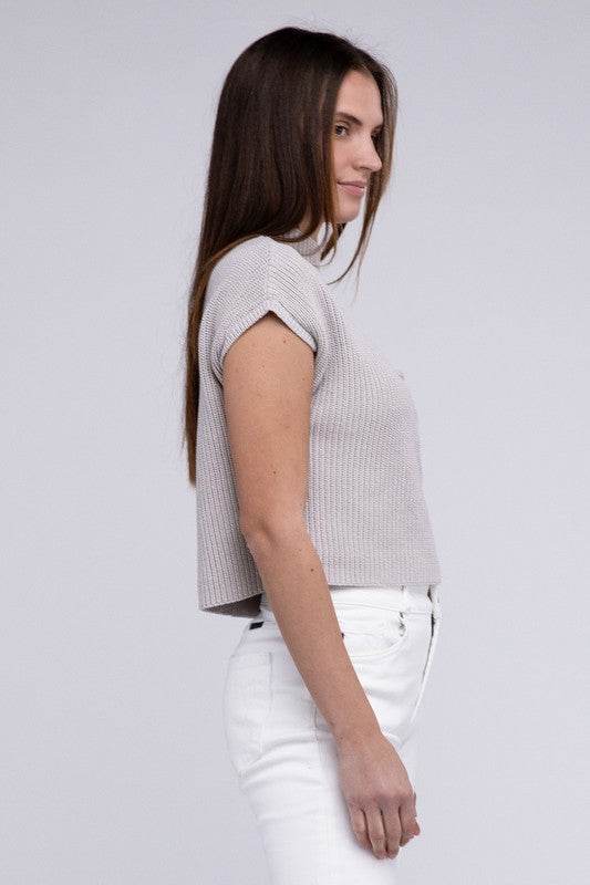 Mock Neck Short Sleeve Cropped Sweater - DaTrendStore.Com