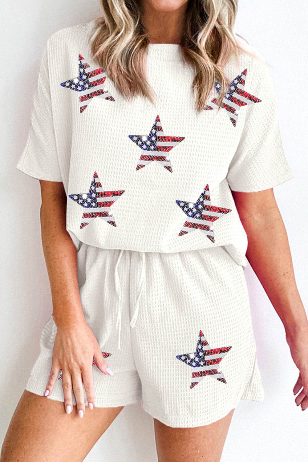Waffle-Knit Sequin Round Neck Top and Shorts Set - DaTrendStore.Com