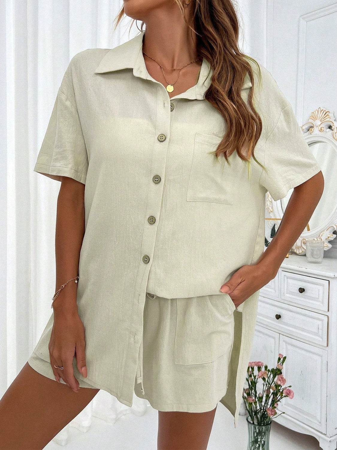 Honey Button Up Half Sleeve Top and Shorts Set - DaTrendStore.Com