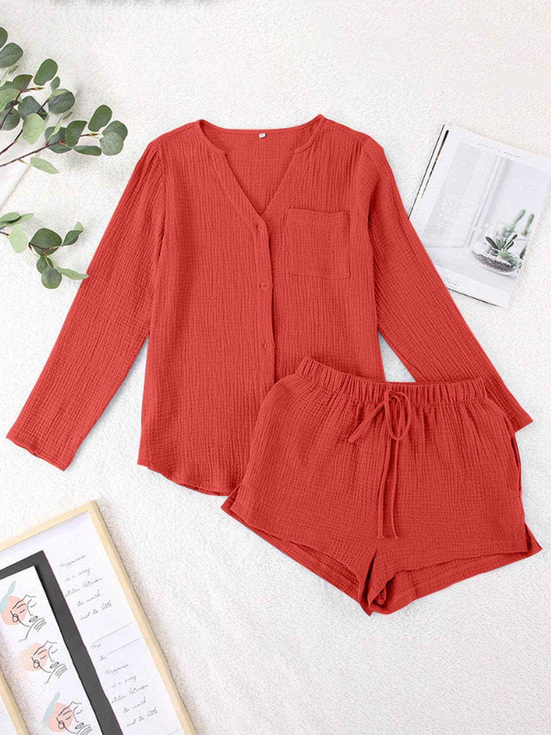 Notched Long Sleeve Top and Shorts Set - DaTrendStore.Com