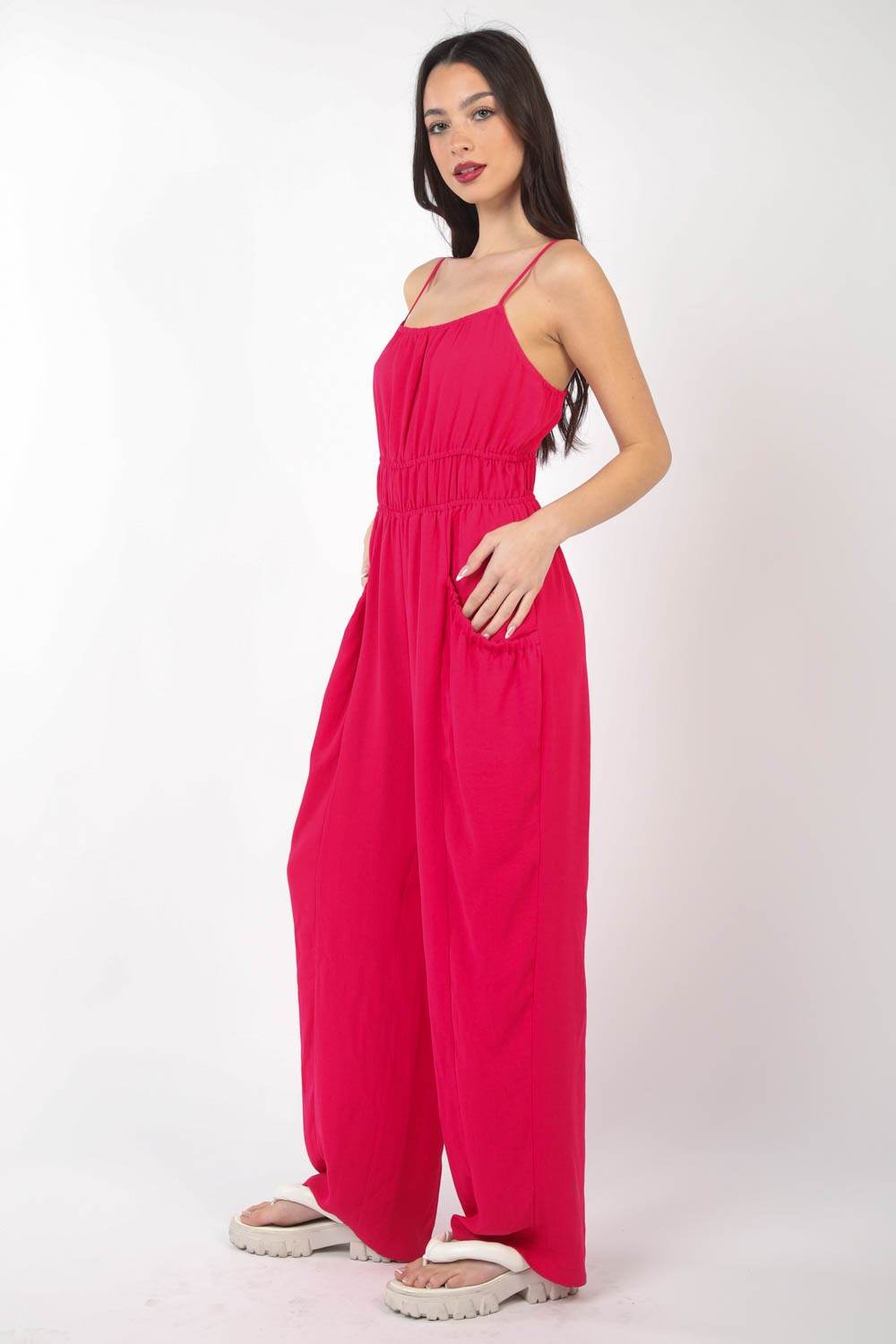 VERY J Pintuck Detail Woven Sleeveless Jumpsuit - DaTrendStore.Com