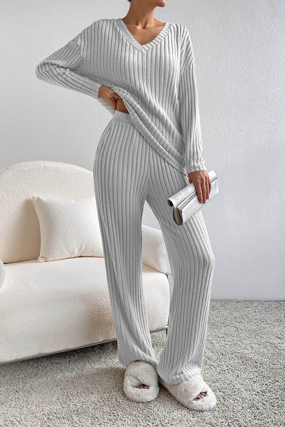 Ribbed V-Neck Top and Pants Lounge Set - DaTrendStore.Com