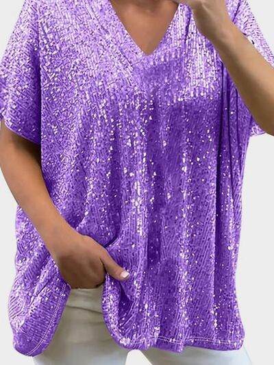 Full Size Sequin V-Neck Short Sleeve Top - DaTrendStore.Com